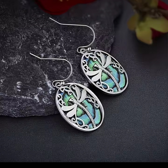 Earrings Women's Dragonfly Abalone Dangle New f37 - Picture 2 of 3
